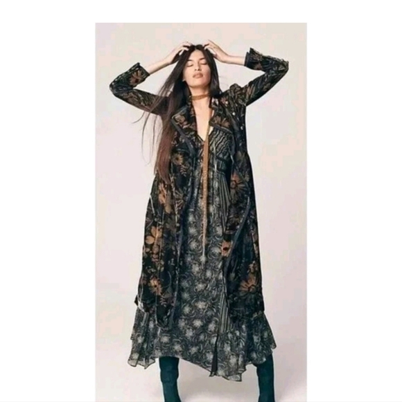 🆕️ Free People Hazel Velvet Puff Sleeve Duster Long Jacket Medium Black Boho - Picture 9 of 16